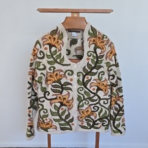 Peruvian Connection Floral Sweater Embroidered Cardigan 100% Pima Cotton Size XL